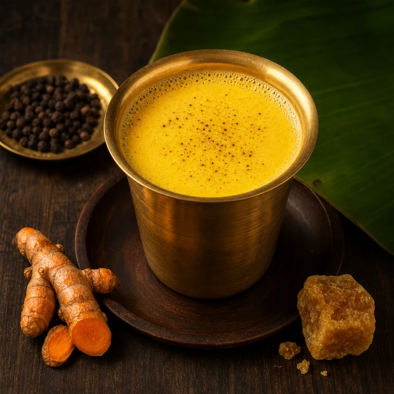 Hot Milk with Turmeric, Pepper & Jaggery prepared for serving
