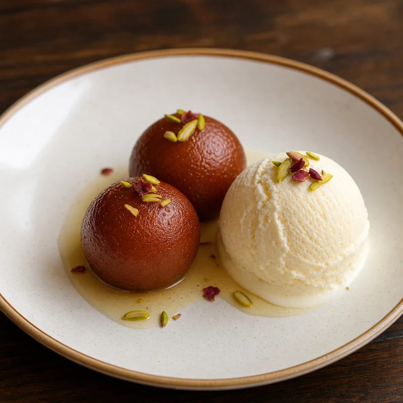 Gulab Jamun with Ice Cream prepared for serving
