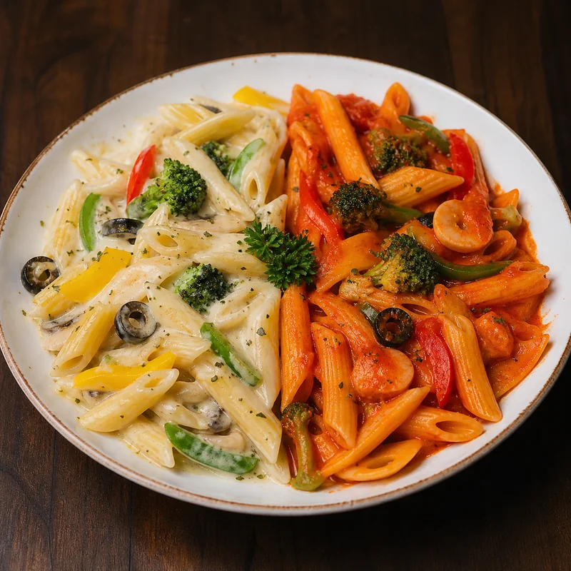 Vegetable Pasta (White or Red) prepared for serving