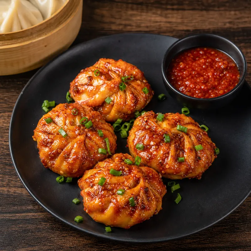 Schezwan Momos (4 pcs) prepared for serving