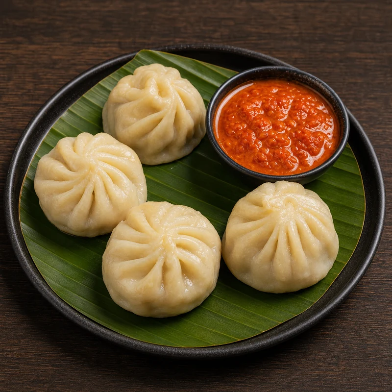 Veg Momos (4 pcs) prepared for serving
